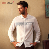 BOB DYLAN夏季薄款白色印花亚麻衬衫 男士长袖棉麻衬衣碎花上衣潮