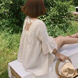 呼吸新鲜空气～韩国女装代购2016夏款甜美褶皱露背蕾丝系带衬衫~