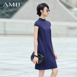 Amii旗舰店女装2016夏季新款时尚修身短袖立领弹力开衩休闲连衣裙