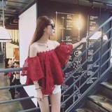2016夏季新款韩版女装性感露肩宽松显瘦荷叶边一字领喇叭袖上衣