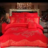 韩式风结婚床品大红四件套纯棉刺绣花床龙凤双人婚庆六八十多件套