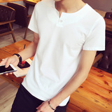 夏季男士短袖t恤男生v领纯色t恤韩版修身打底衫白色T恤潮衣服男装