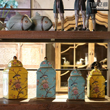 【几何空间】美式乡村手绘花鸟方罐软装饰品工艺客厅玄关陶瓷摆件