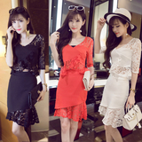 2016夏装新款韩版时尚夜店女装性感修身蕾丝V领上衣包臀短裙套装