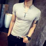 夏季发型师夜店男士紧身型短袖t恤弹力修身款韩版V领潮流薄款上衣
