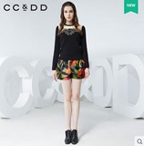 CCDD2016春装专柜正品新款女装拼接黑色百搭棉针织衫毛衣