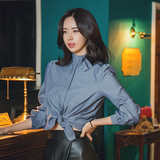 衬衣女士2016春装新款韩版修身显瘦立领文艺个性长袖韩范条纹衬衫