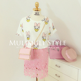 MULI新款夏季韩版日系可爱卡通印花白色宽松圆领T恤棉短袖女上衣