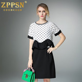 ZPPSN 夏季新款时尚女装蛋糕裙圆领短袖波点荷叶边连衣裙假两件