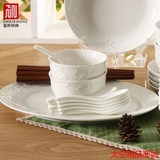 高档骨瓷碗碟盘套装56头日式浮雕家用陶瓷西餐具纯白加厚简约实用