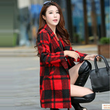 2016冬季新款韩版女装拼接口袋西装领羊毛中长款长袖直筒毛呢外套