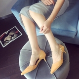 韩版尖头鞋子2016春夏新款黄色中跟单鞋中空绑带性感小跟鞋女鞋