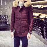 2015冬季新款韩版棉衣外套 连帽大毛领中长款高品质羽绒棉服潮男