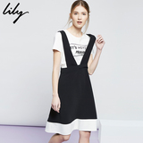 Lily2016夏新款女装复古减龄学院范儿经典黑白背带裙116229C7912