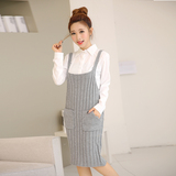 2016韩版秋冬装两件套长袖衬衫背带裙中长款针织毛衣连衣裙吊带裙