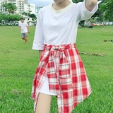韩国夏装宽松五分袖中长款白色T恤衫格子衬衫绑带假两件连衣裙T