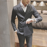 韩国秋冬新款绅士双排扣条纹西服男韩版修身小西装外套 有套装搭