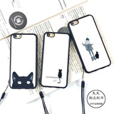 韩国潮牌猫咪iPhone6s手机壳卡通黑白情侣苹果6plus硅胶套5s挂绳