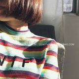 韩国范 经典彩色条纹刺绣字母高领T恤 弹力显瘦高腰短款针织衫女