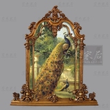 159x141美式欧法式奢华壁炉镜子金色雕刻装饰镜孔雀手绘油画花鸟