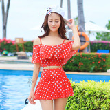 韩国2016女裙式分体平角带钢托带胸垫保守性感时尚温泉泳装