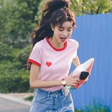金多多 韩版夏季新款撞色爱心短袖T恤女修身简约圆领打底衫上衣