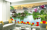中式风景大型壁画花鸟亭子桥船电视背景墙图片卧室客厅沙发墙纸