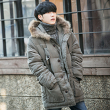 中长款棉衣男冬装学生韩版修身棉袄青少年潮男士连帽毛领加厚外套