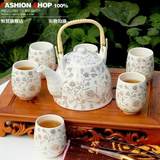 正品包邮特价家用陶瓷茶具套装 提梁整套茶具6茶杯子1茶壶白金叶