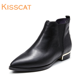 KISS CAT/接吻猫 2015女鞋冬新款尖头低跟牛皮短靴通勤简约拼色