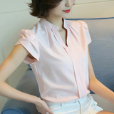 衬衫女短袖2016夏装新款韩范修身OL职业装白色衬衣V领打底雪纺衫