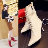韩版新款真皮短靴时尚尖头高跟细跟牛皮女鞋侧拉链系带短筒马丁靴