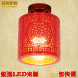 包邮实木中式灯具景德镇中国红陶瓷灯过道走廊餐厅阳台LED吸顶灯
