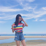 夏季新款韩版宽松圆领彩色条纹短袖T恤 韩国百搭显瘦中长款上衣女