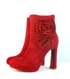高级定制2015冬季新款羊皮真皮短靴超高跟玫瑰花富贵红色婚鞋女靴