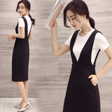 2016夏新款修身韩版中长款休闲短袖连衣裙吊带背带裙两件套套装女
