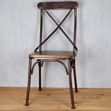 LOFT实木餐桌椅交叉靠背椅子 咖啡厅酒吧休闲椅复古做旧铁艺餐椅