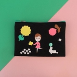 oohlala 韩国创意个性人物拉链帆布小化妆包女双袋网格整理收纳包