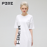 Pzoz欧美简约女装纯棉短袖T恤中长款字母宽松修身圆领上衣H6075