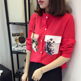 代购 2016春装新款韩版口袋卡通猫立领长袖衬衫女宽松休闲上衣潮