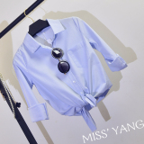 2016春装新款韩版学院风天空蓝棉麻长袖衬衫女修身显瘦小清新衬衣