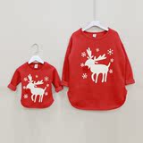 韩版亲子装冬装2015款母女装母子装宽松男童女童小鹿红色加绒卫衣