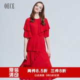 Oece2016夏装新款女装 不规则百褶圆领修身雪纺连衣裙夏162TS027