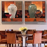 新古典手工油画中式风格客厅沙发背景墙装饰画饰品摆件花瓶双联