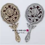 韩国进口复古玫瑰花镂空铜镜手持手柄镜 便携随身镜化妆镜 包邮