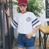 韩国宽松大码条纹短款上衣打底衫夏装圆领套头短袖t恤女装棒球服