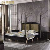 新中式实木床古典布艺双人床现代中式禅意床别墅会所样板房间家具