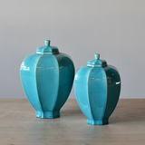 正品现代新中式蓝色陶瓷创意储物罐酒柜玄关大号摆设品软装装饰品