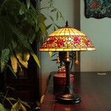 蒂凡尼彩色玻璃灯具荷花图案纯铜灯罩复古创意台灯卧室床头客厅灯