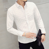 秋季流行男装长袖衬衫青年时尚潮寸衫修身款韩版印花衬衣上衣服